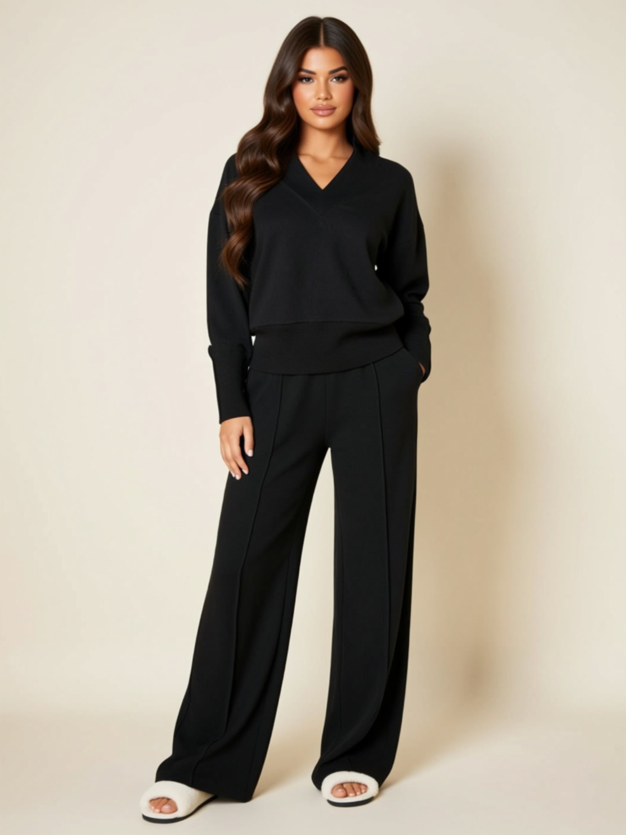 Women’s V‑Neck Relaxed Fit Two‑Piece Pant Set