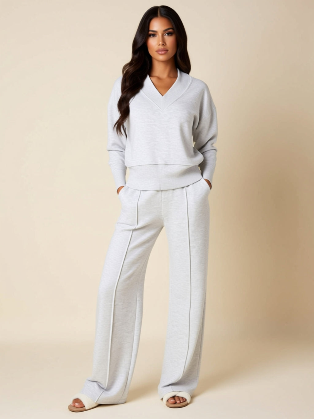 Women’s V‑Neck Relaxed Fit Two‑Piece Pant Set