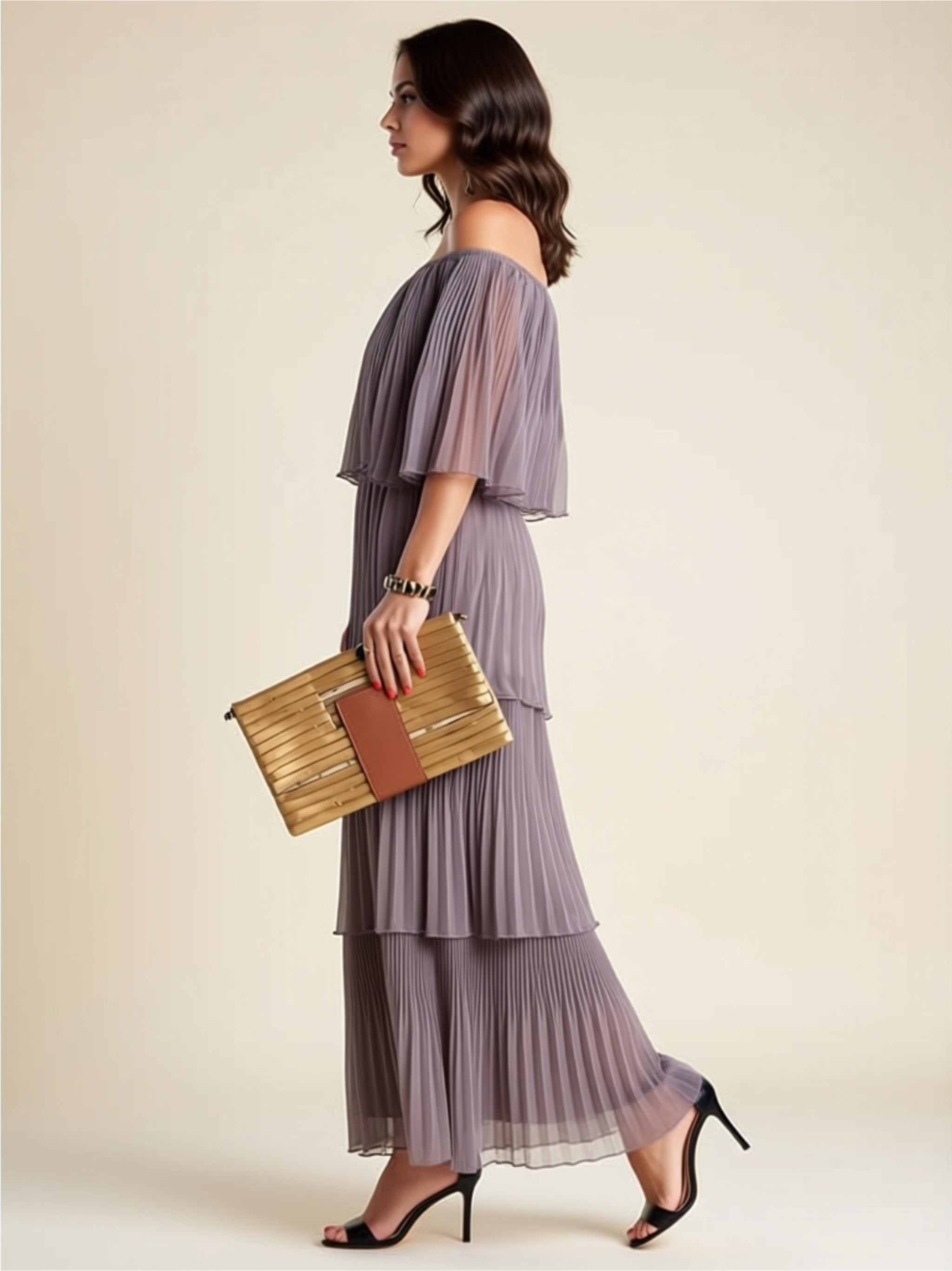 Elegant Pleated Chiffon Off‑Shoulder Tiered Maxi Dress