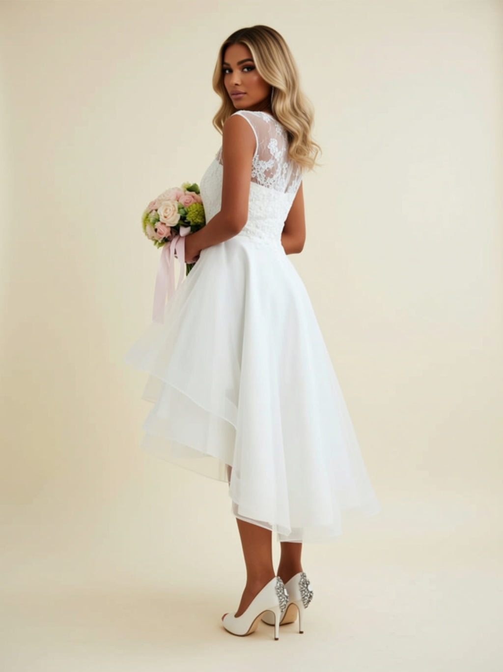 High‑Low Lace Appliqué Bridal Dress with Layered Organza Skirt