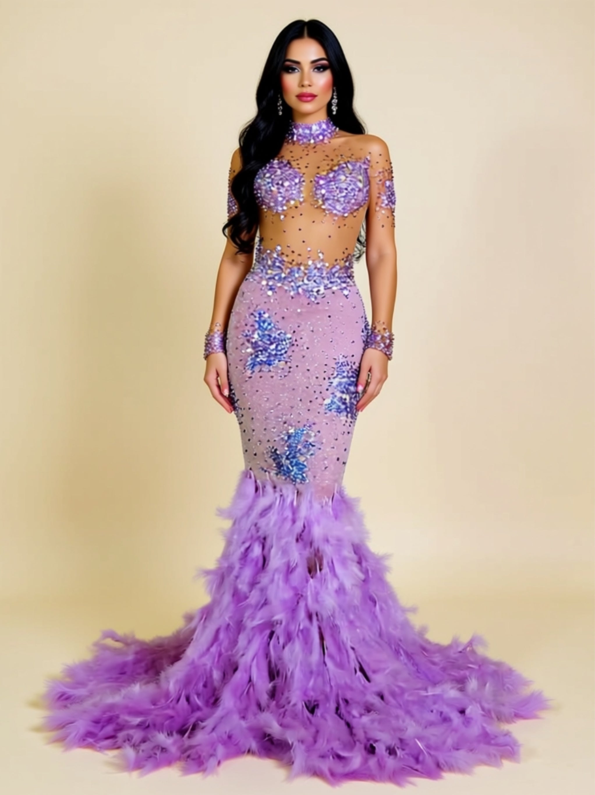 Lavender Rhinestone Mermaid Evening Gown