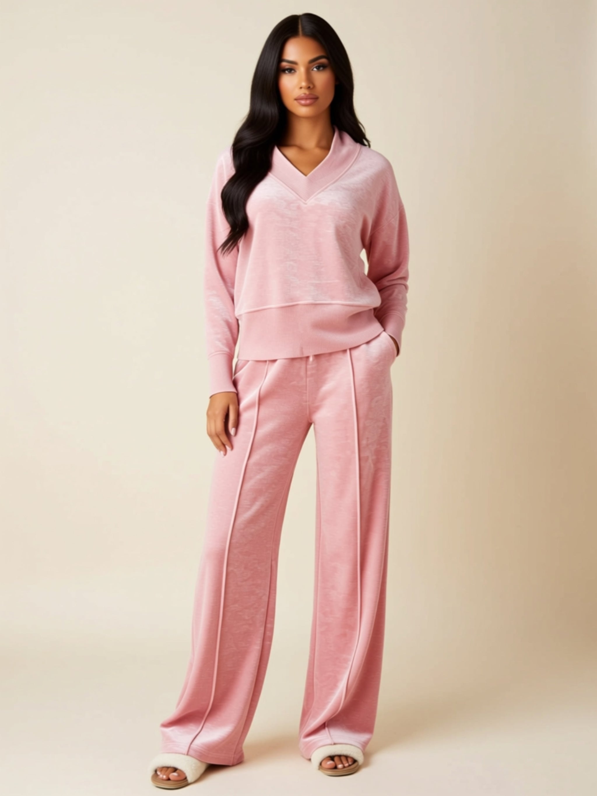 Women’s V‑Neck Relaxed Fit Two‑Piece Pant Set