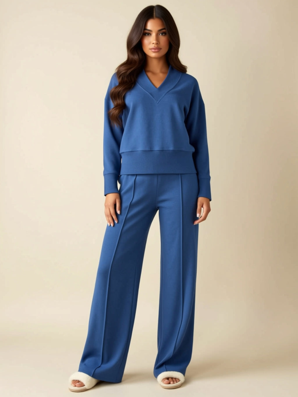 Women’s V‑Neck Relaxed Fit Two‑Piece Pant Set