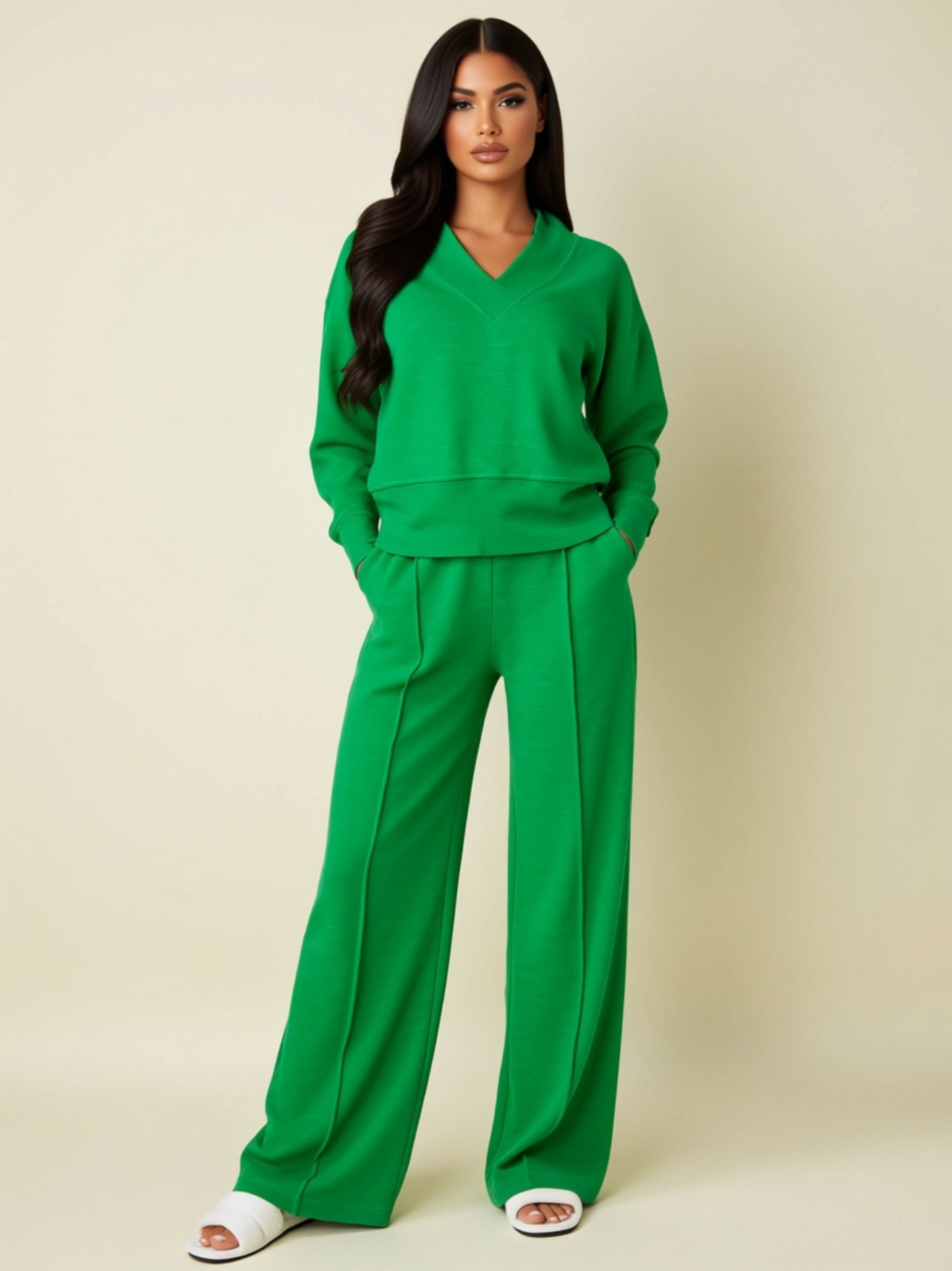 Women’s V‑Neck Relaxed Fit Two‑Piece Pant Set