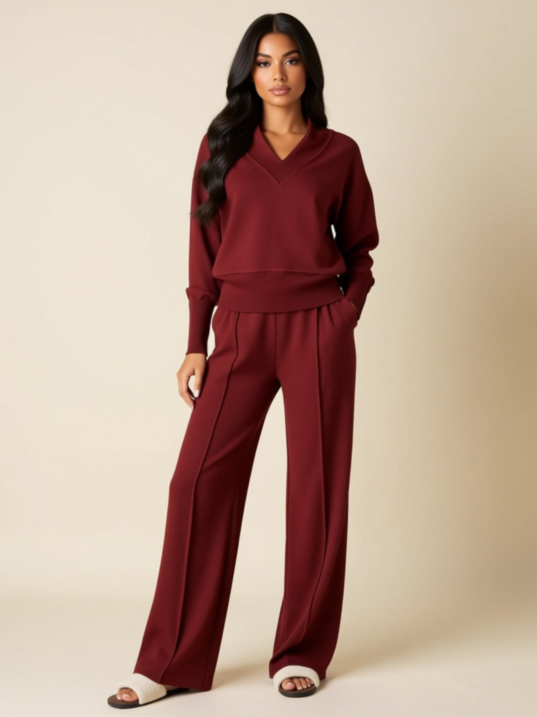 Women’s V‑Neck Relaxed Fit Two‑Piece Pant Set