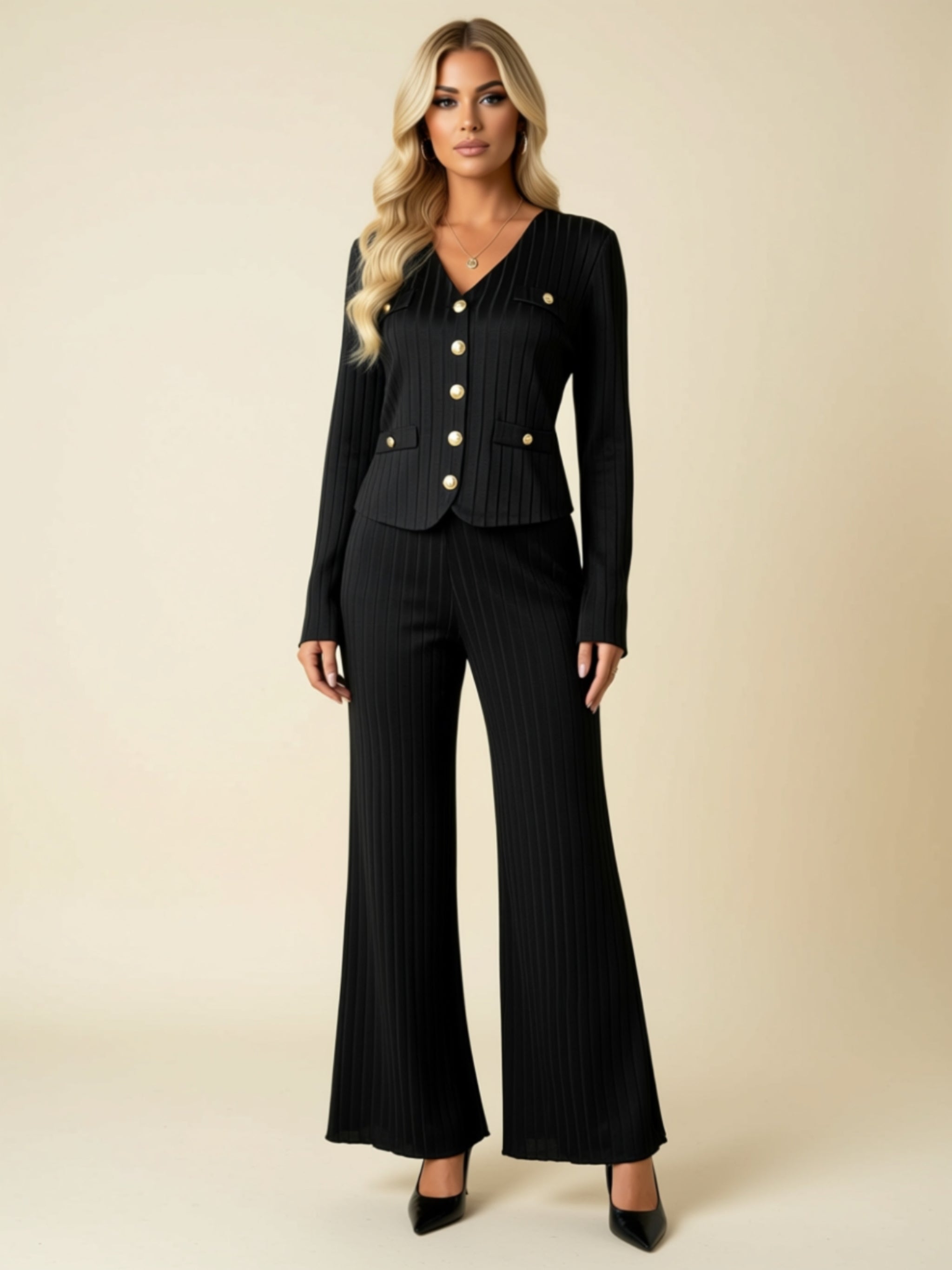Button-Front Ribbed Two-Piece Pant Set