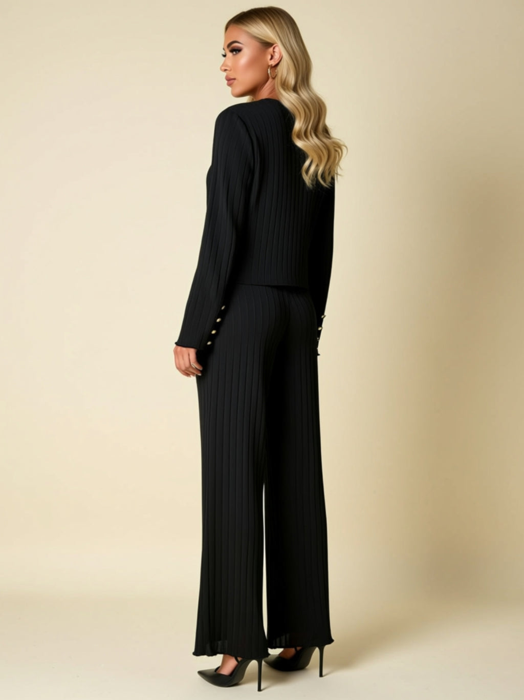 Button-Front Ribbed Two-Piece Pant Set