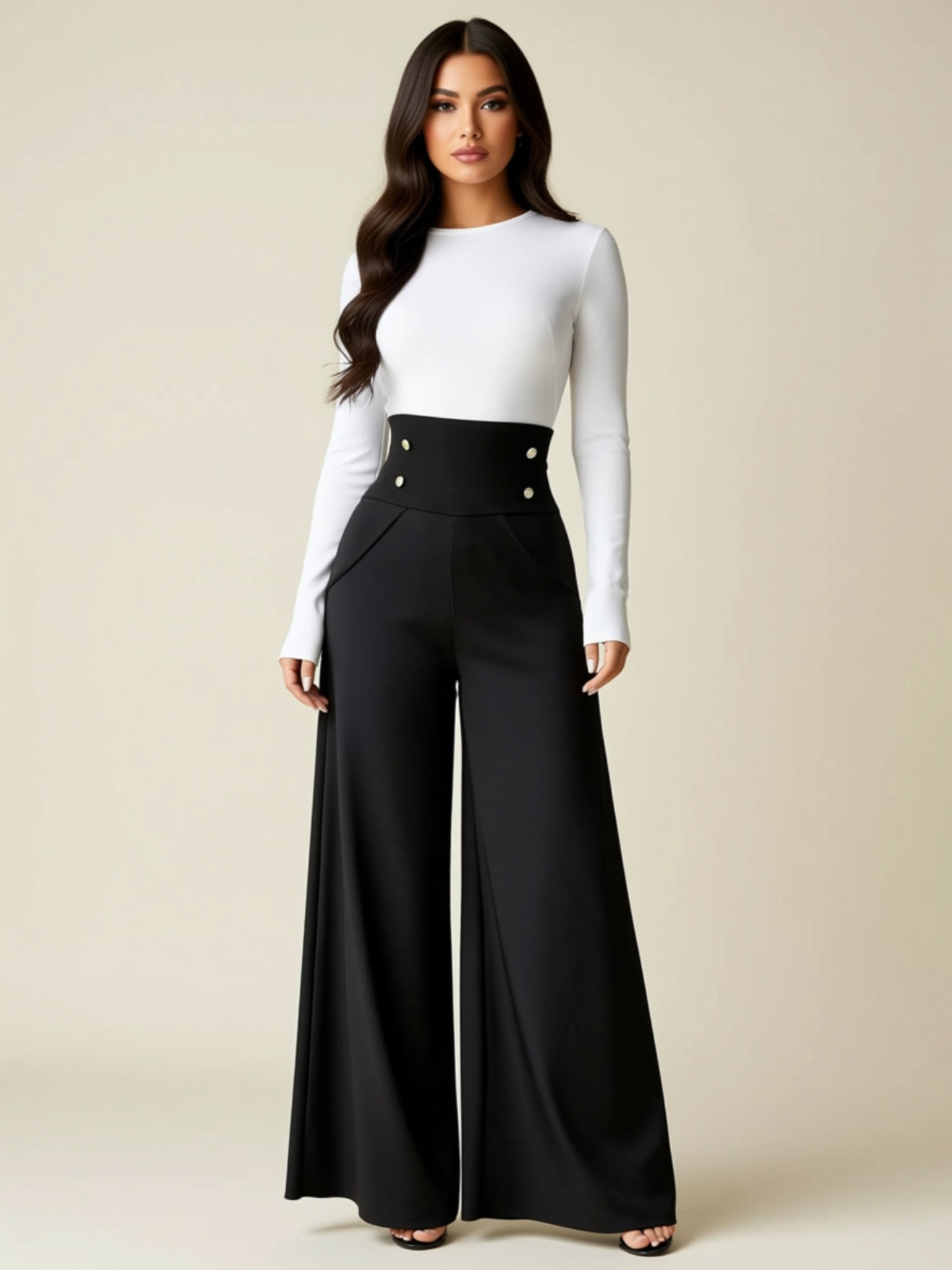 High Waist Wide Leg Palazzo Pants with Decorative Button Detail