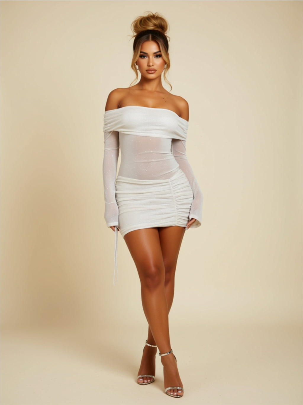 Off‑Shoulder Long Sleeve Ruched Bodycon Mini Dress