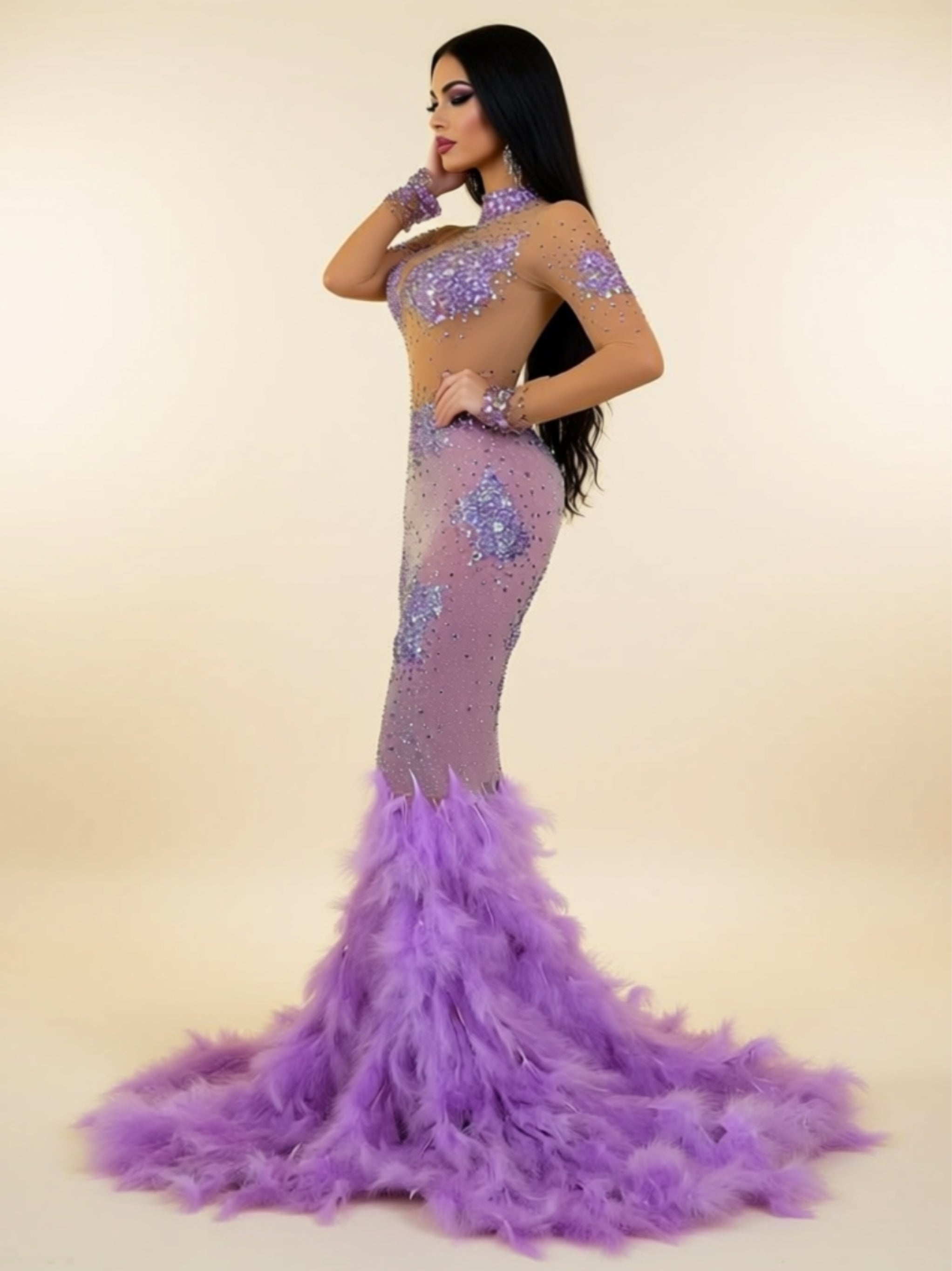 Lavender Rhinestone Mermaid Evening Gown