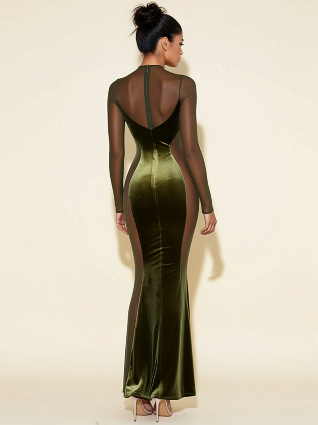 Sheer Mesh Panel Velvet Evening Gown