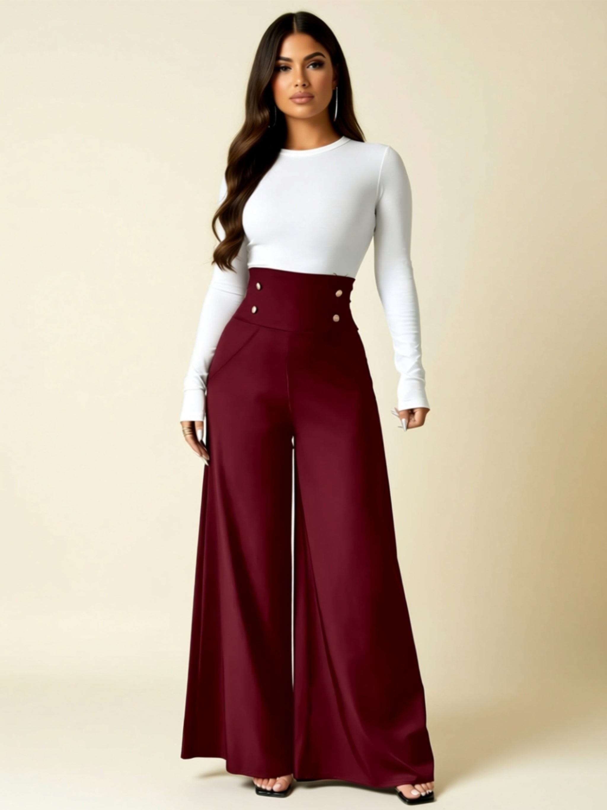 High Waist Wide Leg Palazzo Pants with Decorative Button Detail