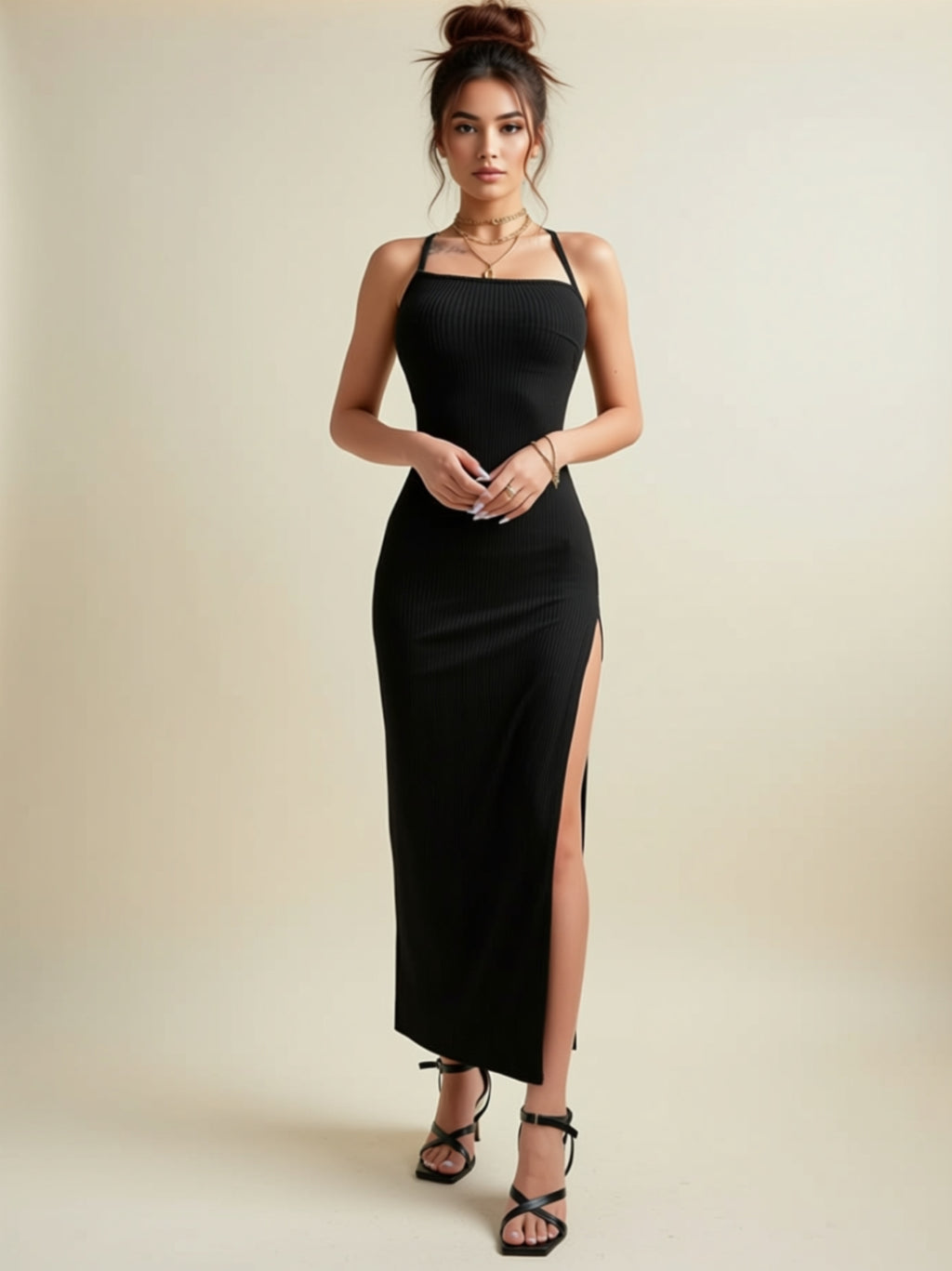 Ribbed Cotton Halter Maxi Dress with Side Slit & Lace‑Up Back