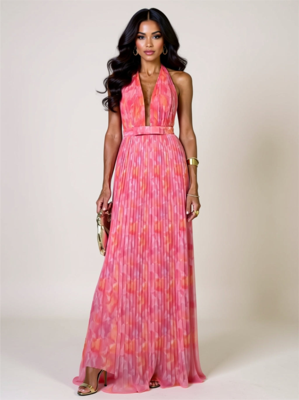 Pleated Backless Halter Maxi Dress