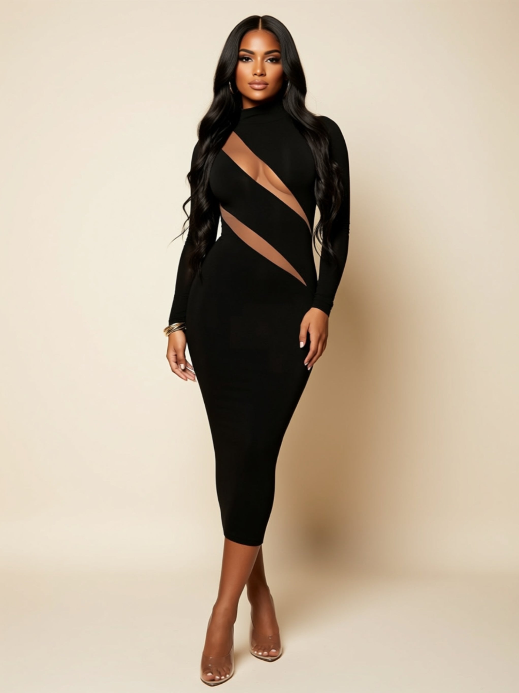 for Women – Elegant High Neck Slim Fit Party Dress in Black,