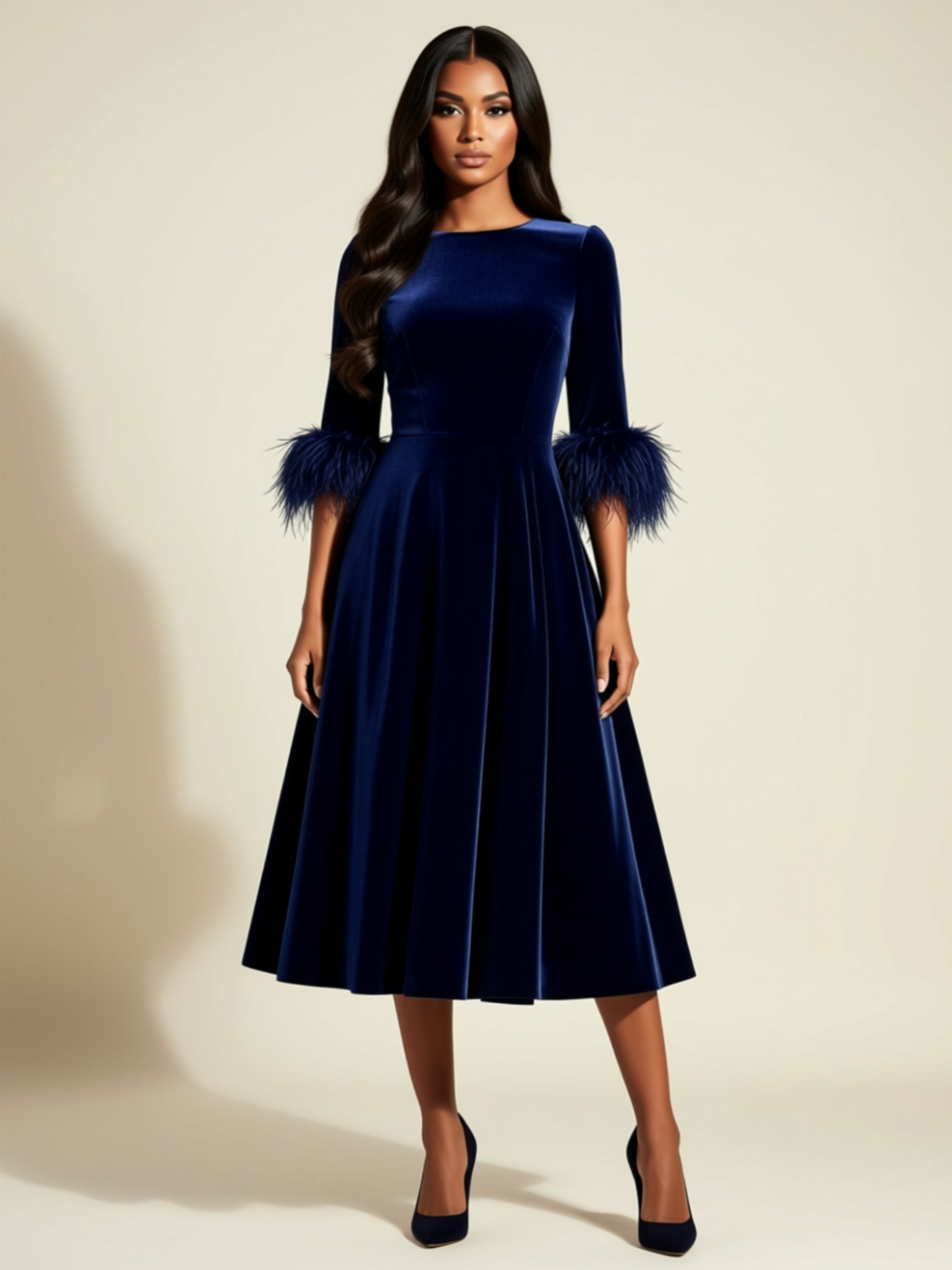 Velvet Midi Dress with Feather Cuff Detail
