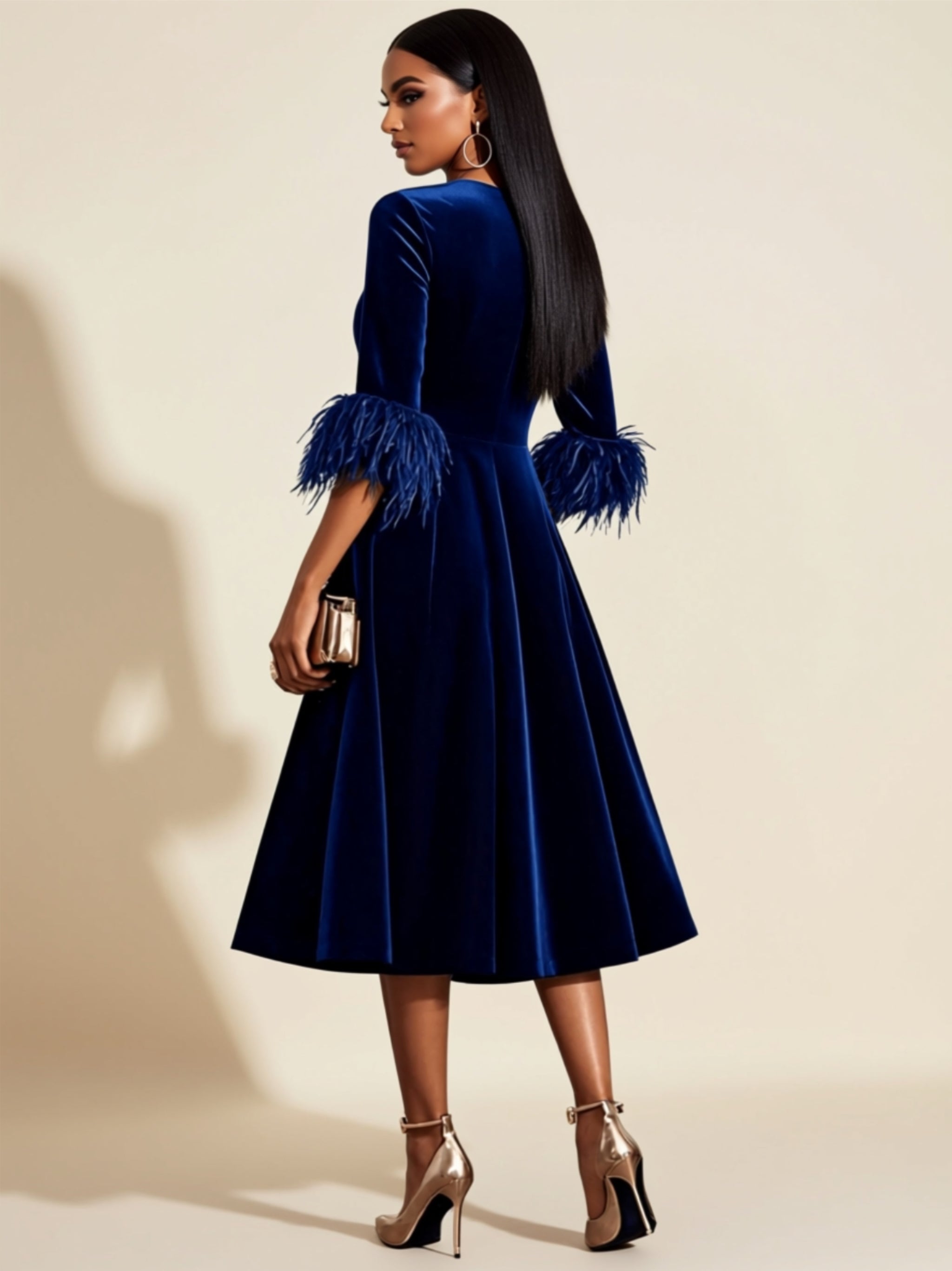 Velvet Midi Dress with Feather Cuff Detail