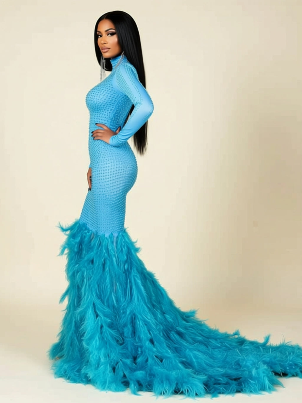 Turquoise Feather Mermaid Evening Gown