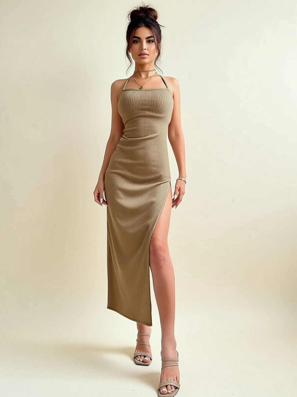 Ribbed Cotton Halter Maxi Dress with Side Slit & Lace‑Up Back