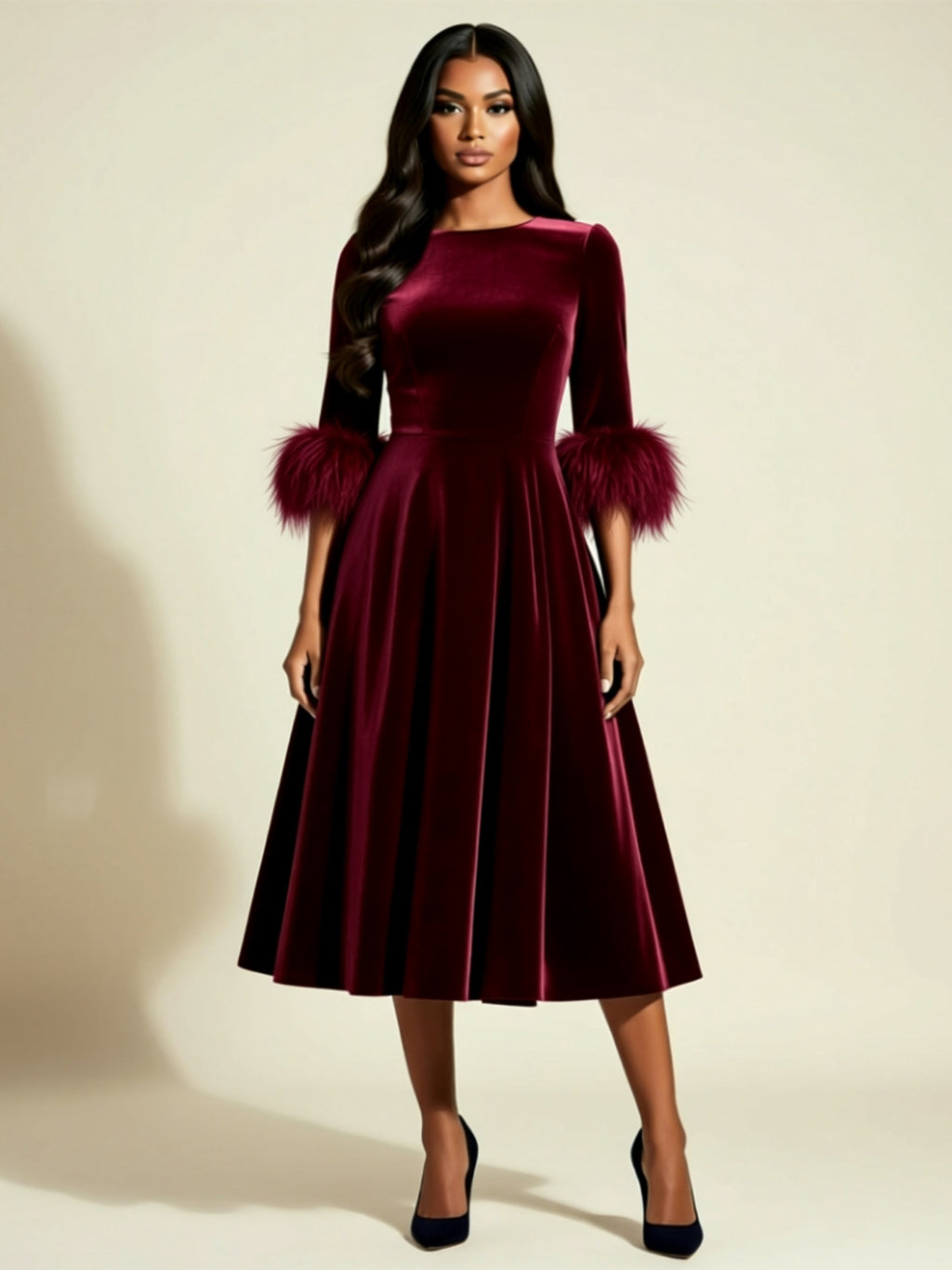 Velvet Midi Dress with Feather Cuff Detail