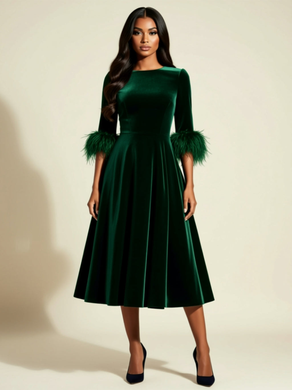 Velvet Midi Dress with Feather Cuff Detail