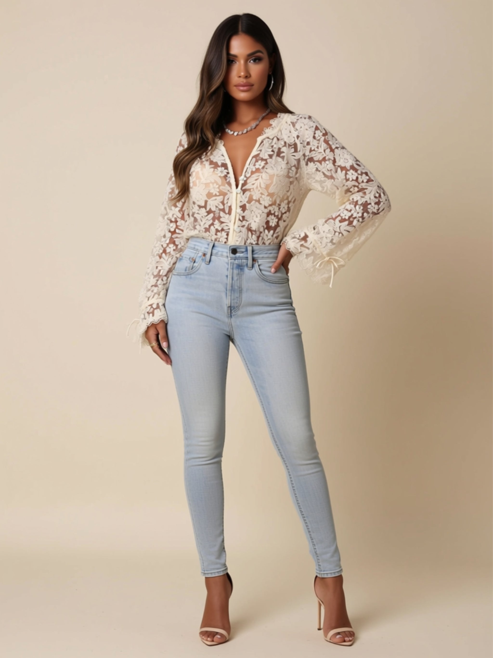 Sheer Lace Button-Down Blouse –