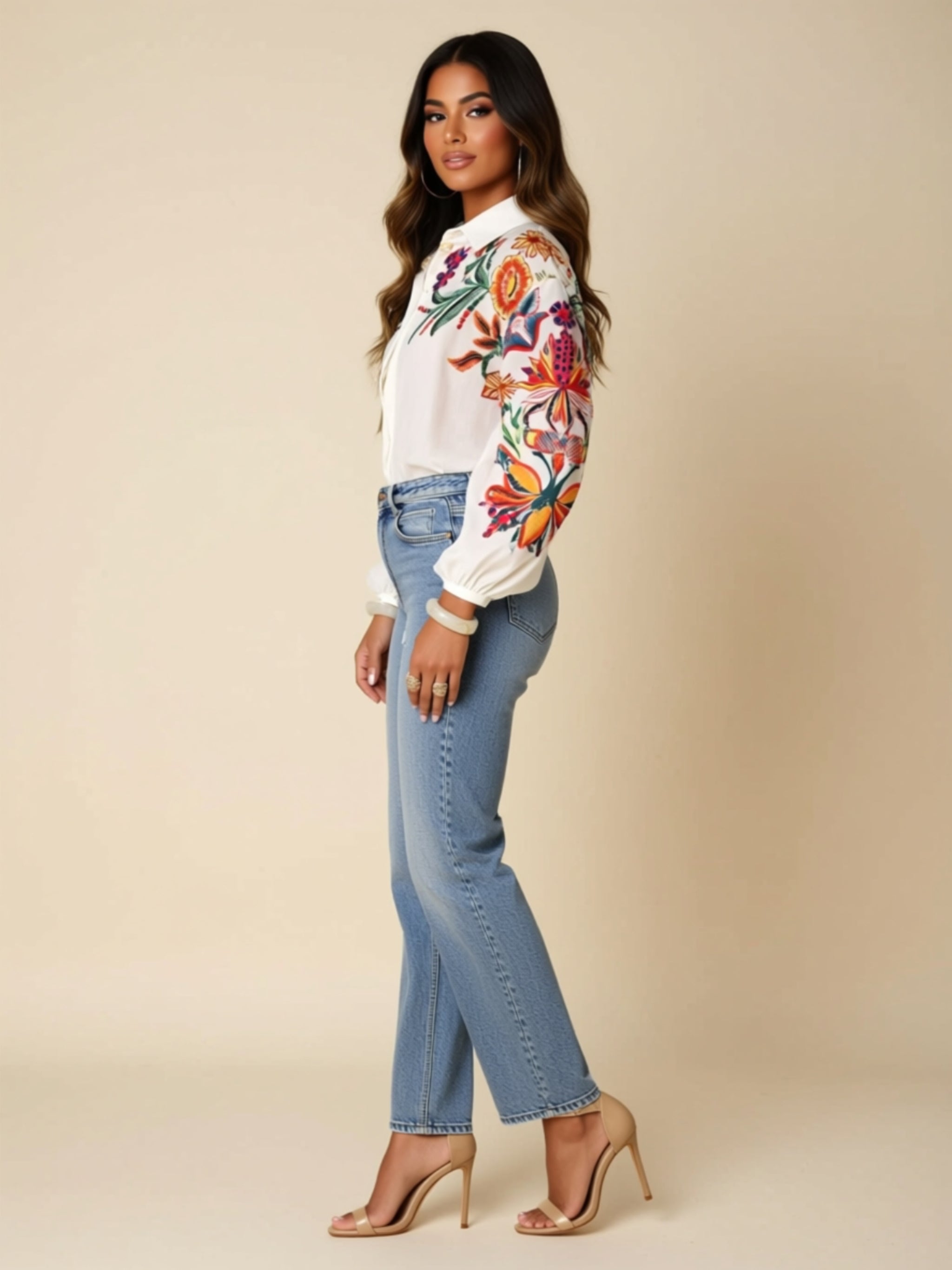 Embroidered Floral Button‑Down Blouse