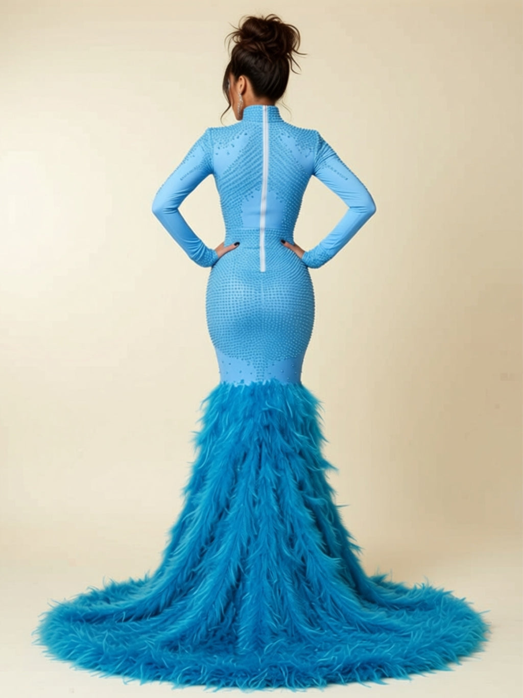 Turquoise Feather Mermaid Evening Gown