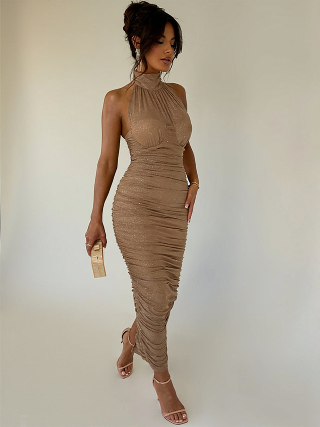 Ruched High Neck Bodycon Maxi Dress