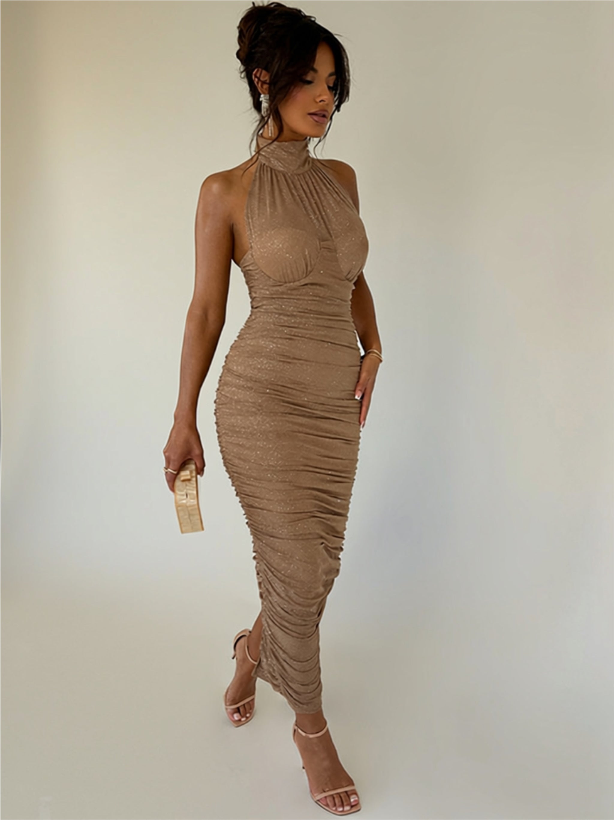 Ruched High Neck Bodycon Maxi Dress