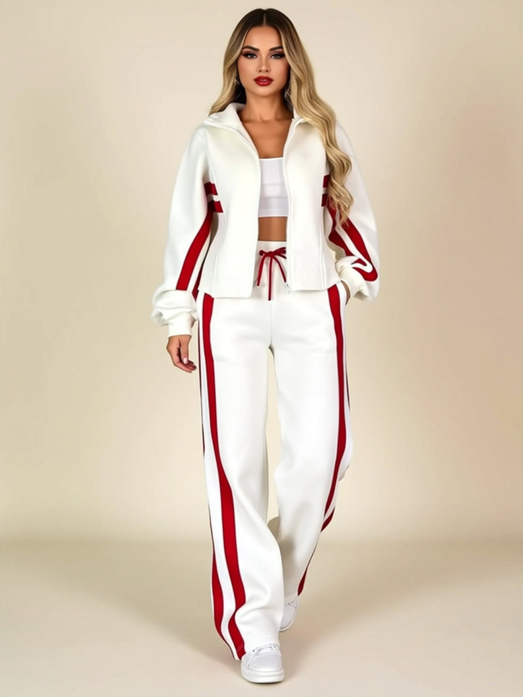 Sporty Colorblock Zip-Up Two‑Piece Jogger Set with Drawstring Waist