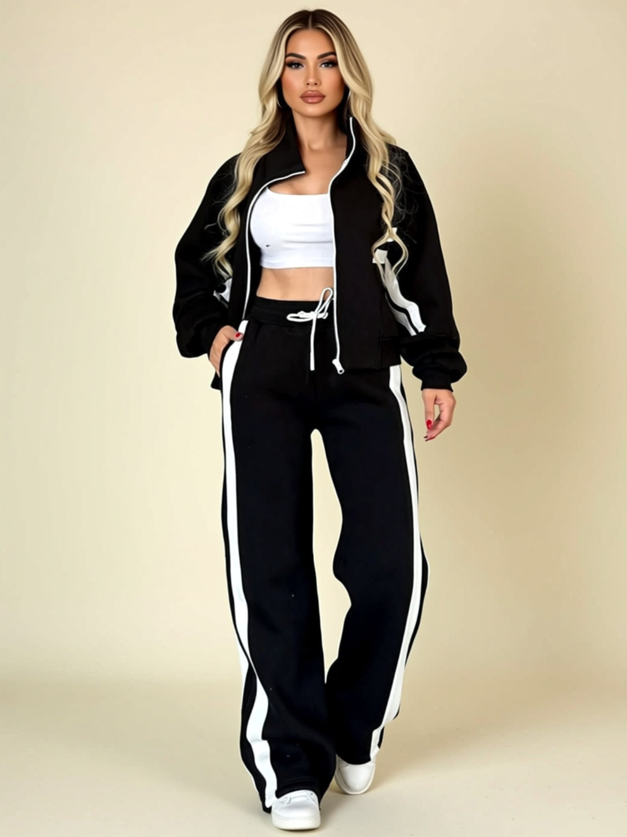 Sporty Colorblock Zip-Up Two‑Piece Jogger Set with Drawstring Waist
