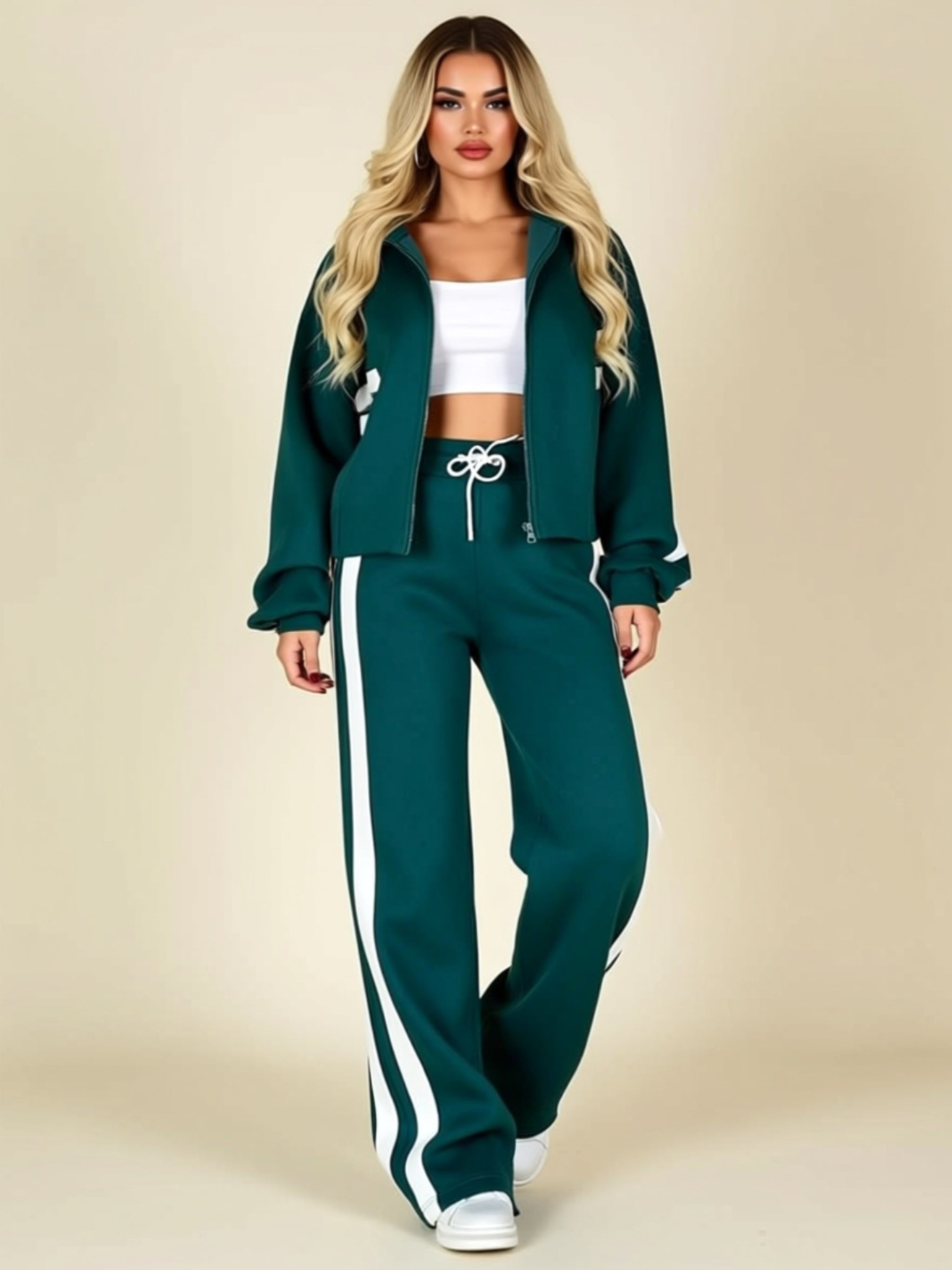 Sporty Colorblock Zip-Up Two‑Piece Jogger Set with Drawstring Waist