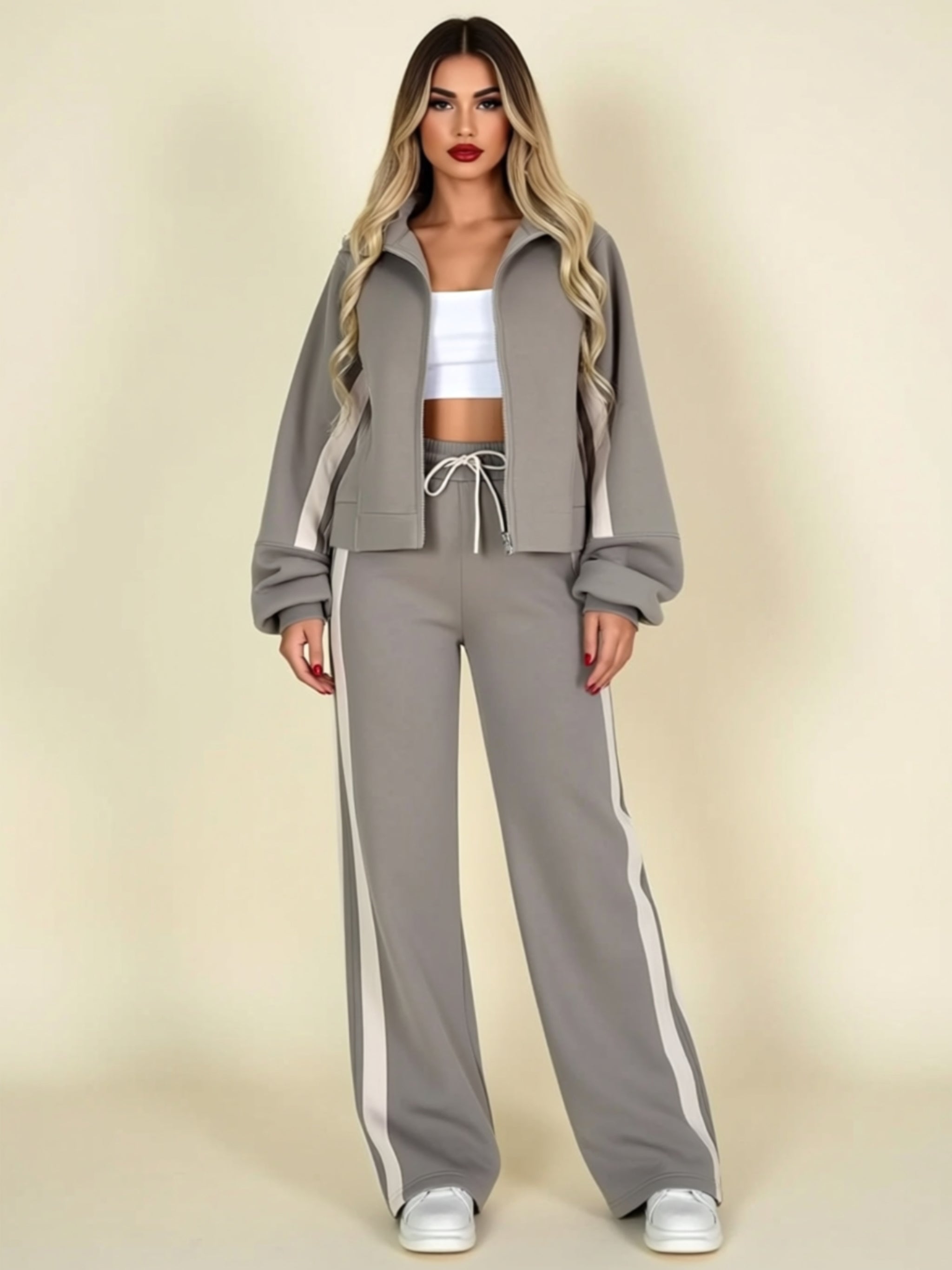 Sporty Colorblock Zip-Up Two‑Piece Jogger Set with Drawstring Waist