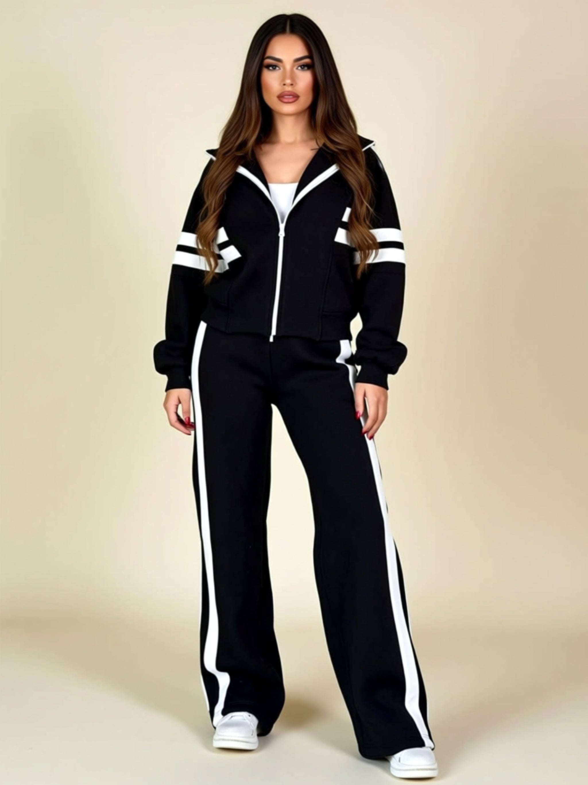 Sporty Colorblock Zip-Up Two‑Piece Jogger Set with Drawstring Waist