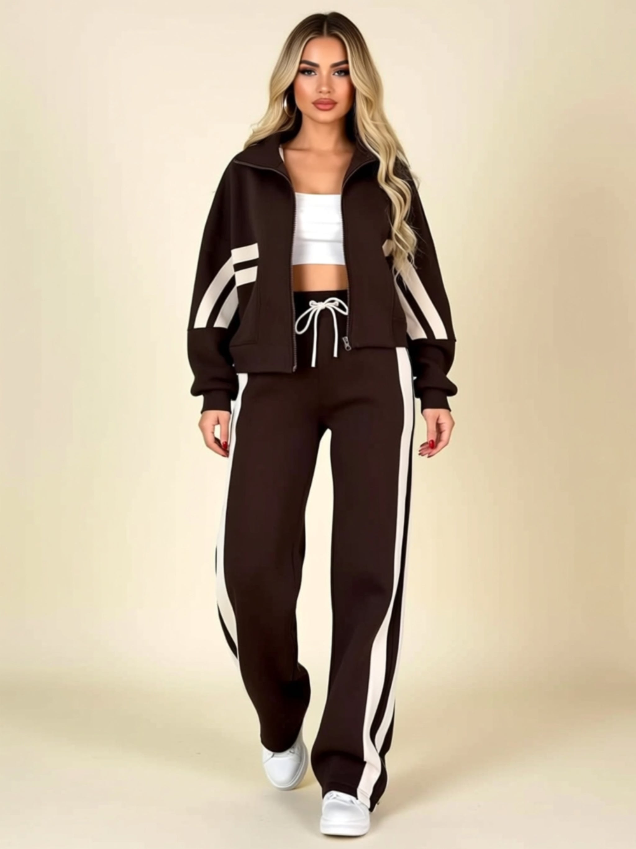 Sporty Colorblock Zip-Up Two‑Piece Jogger Set with Drawstring Waist