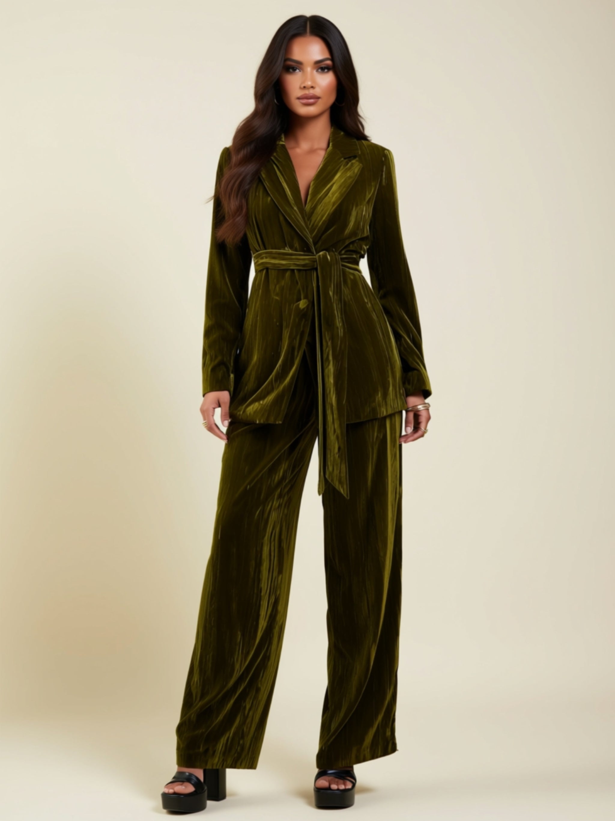 Velvet Belted Two‑Piece Pantsuit Set