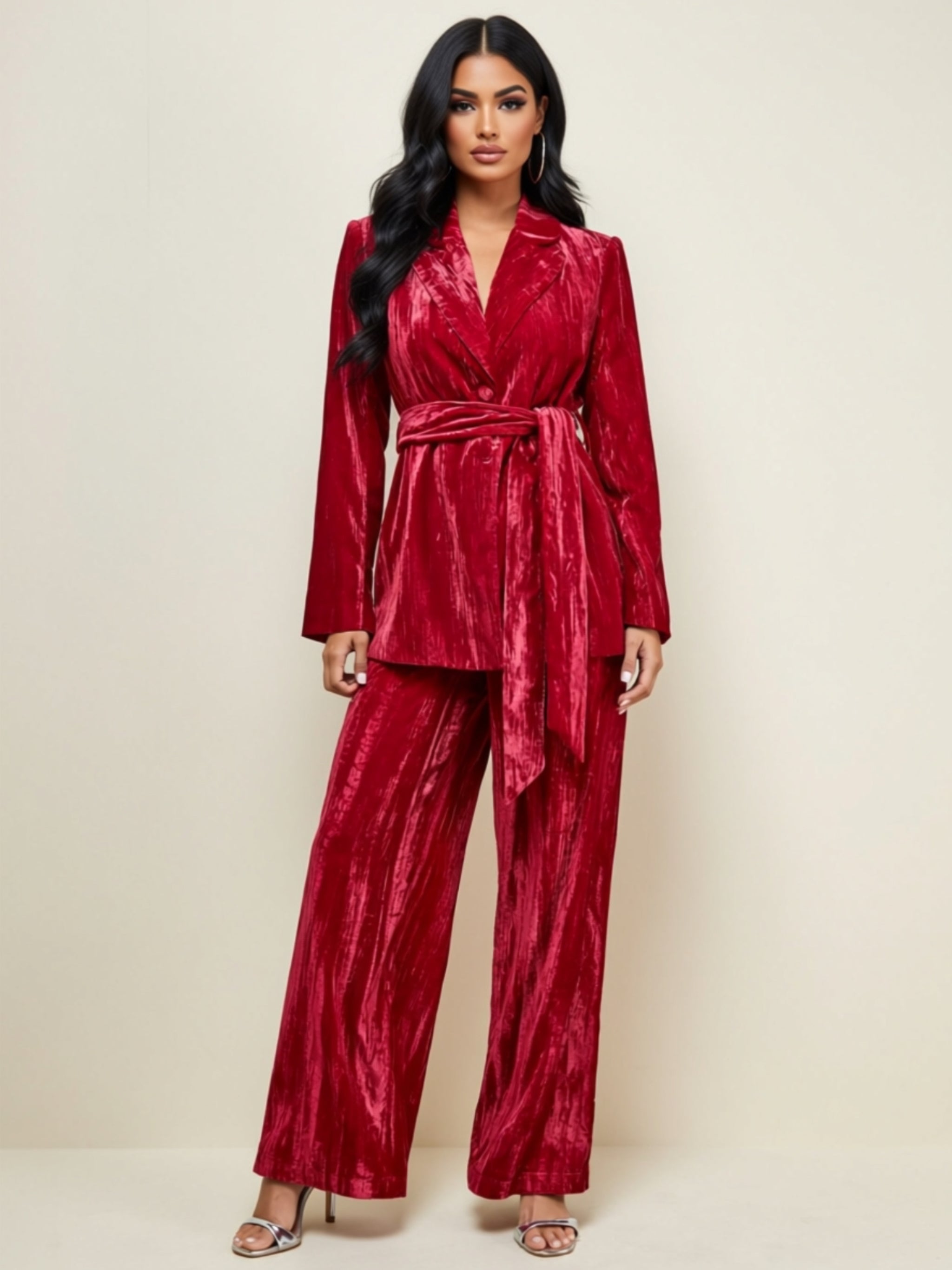 Velvet Belted Two‑Piece Pantsuit Set