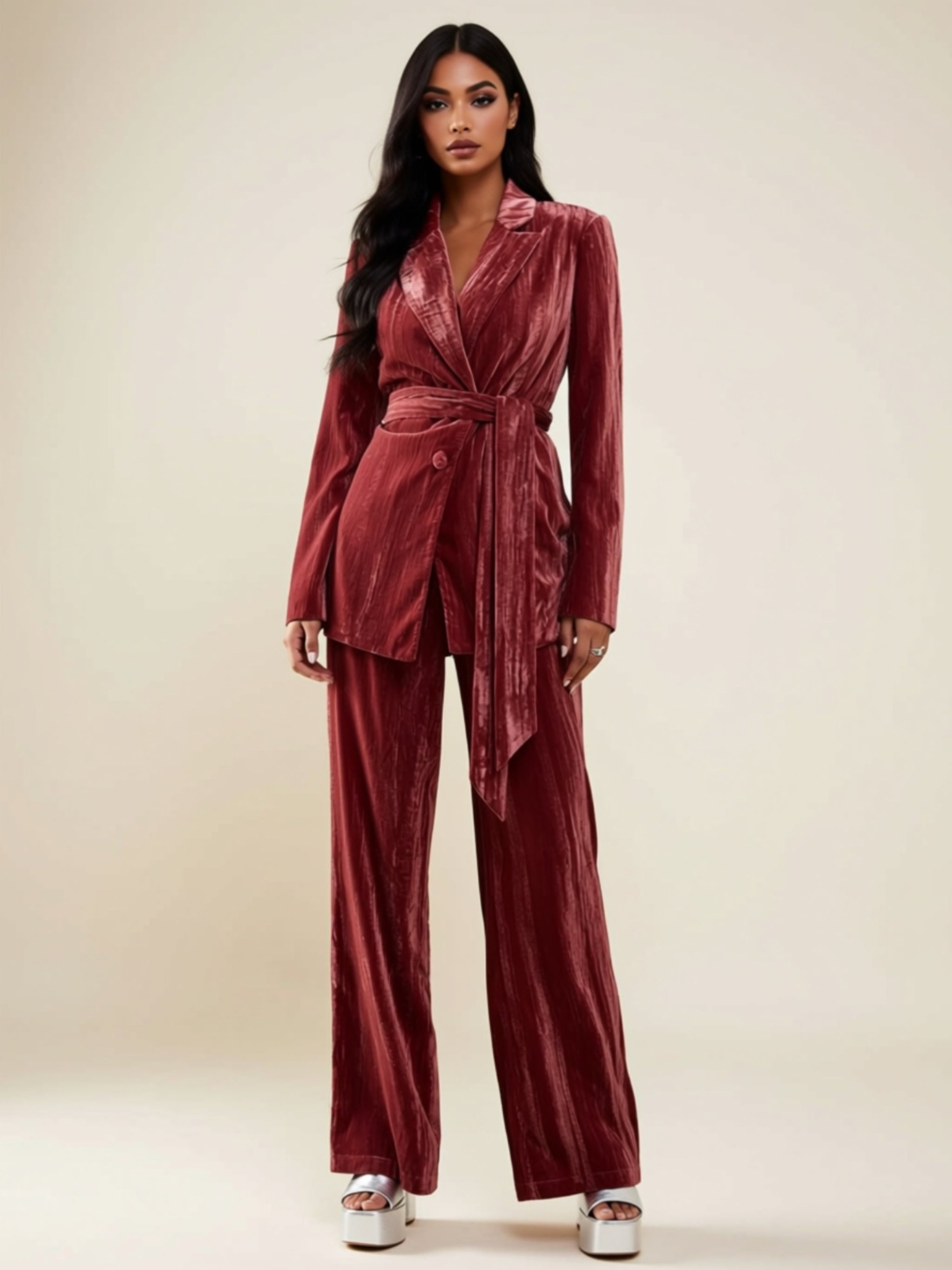 Velvet Belted Two‑Piece Pantsuit Set
