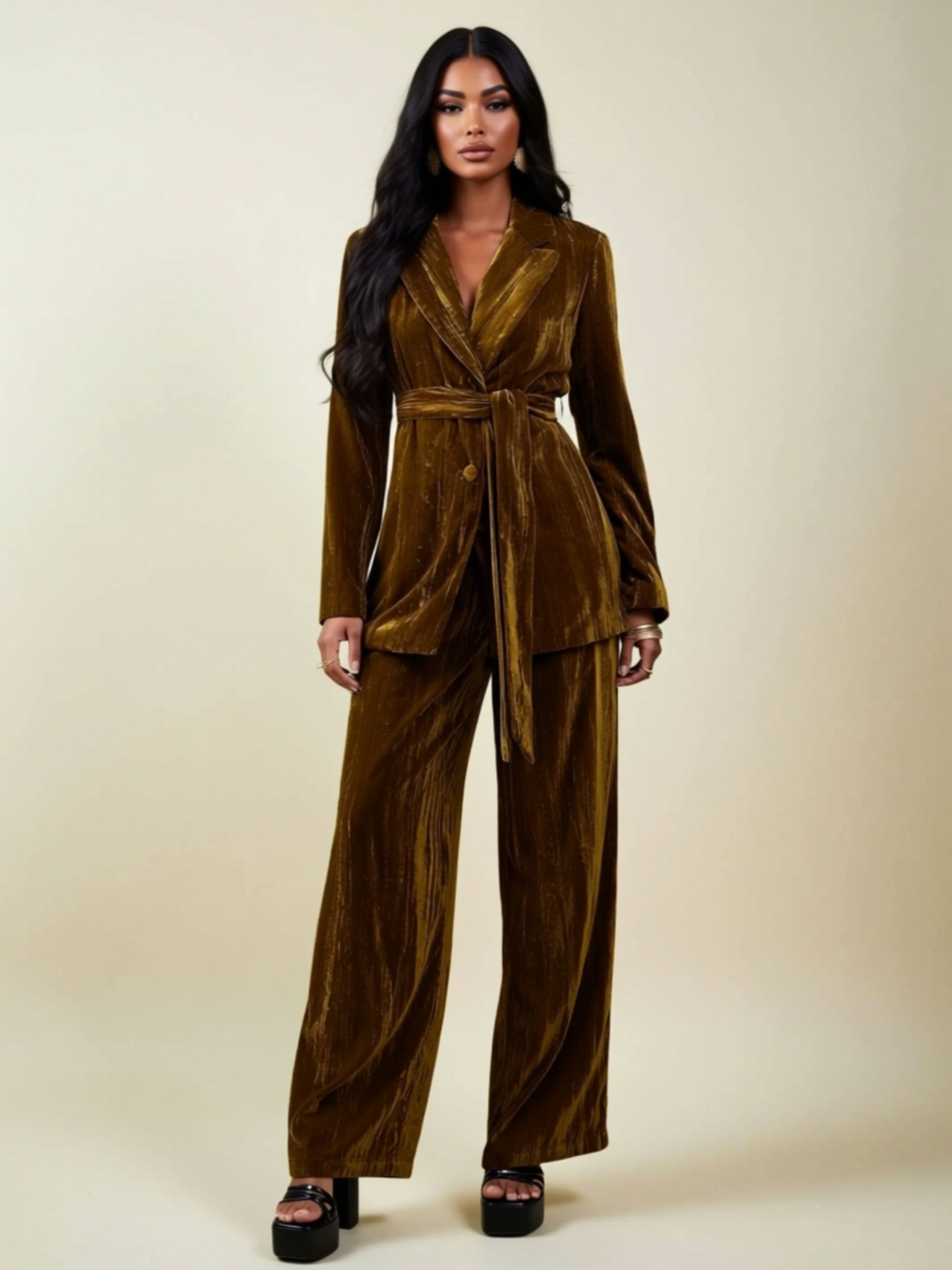 Velvet Belted Two‑Piece Pantsuit Set