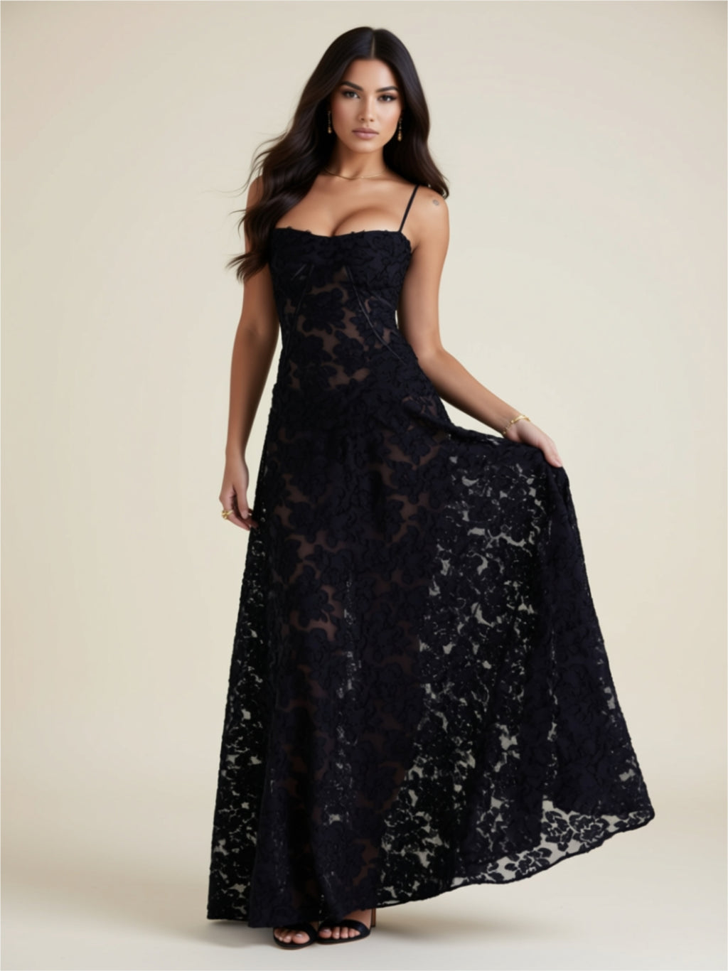 Elegant Floral 3D Appliqué Maxi Dress