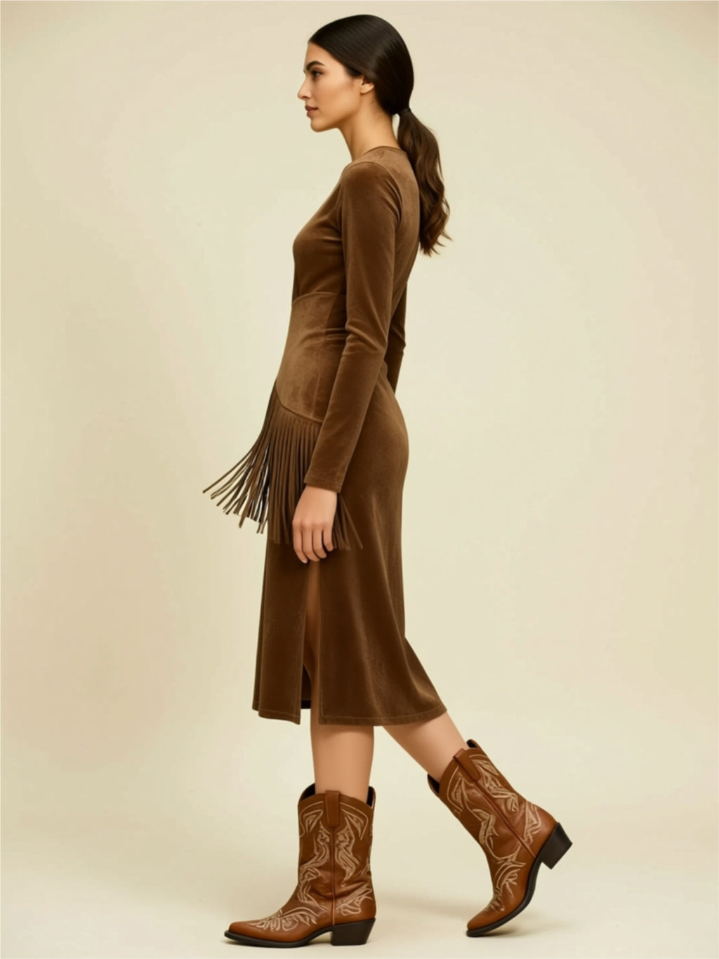 Long Sleeve Midi Dress with Fringe Detail,