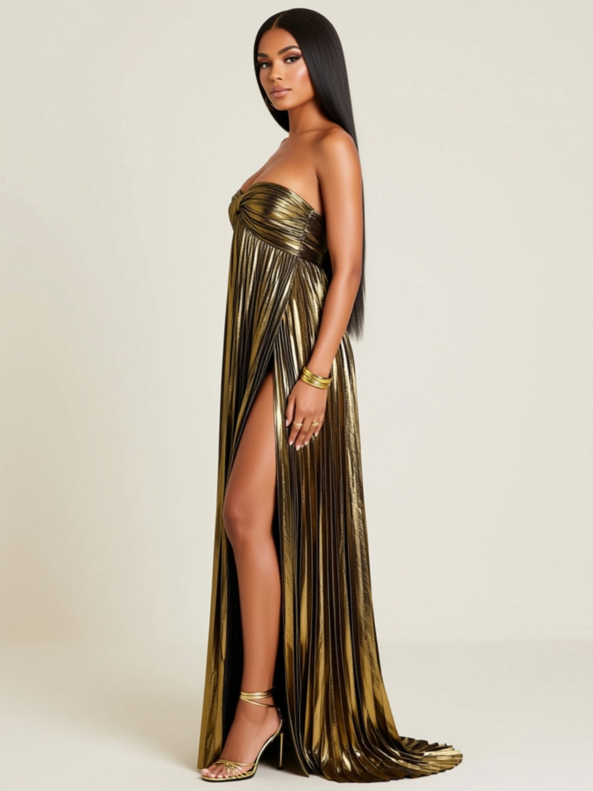 Strapless Ruched Metallic Maxi Dress With High Slit