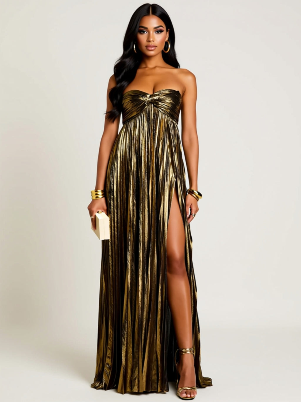 Strapless Ruched Metallic Maxi Dress With High Slit