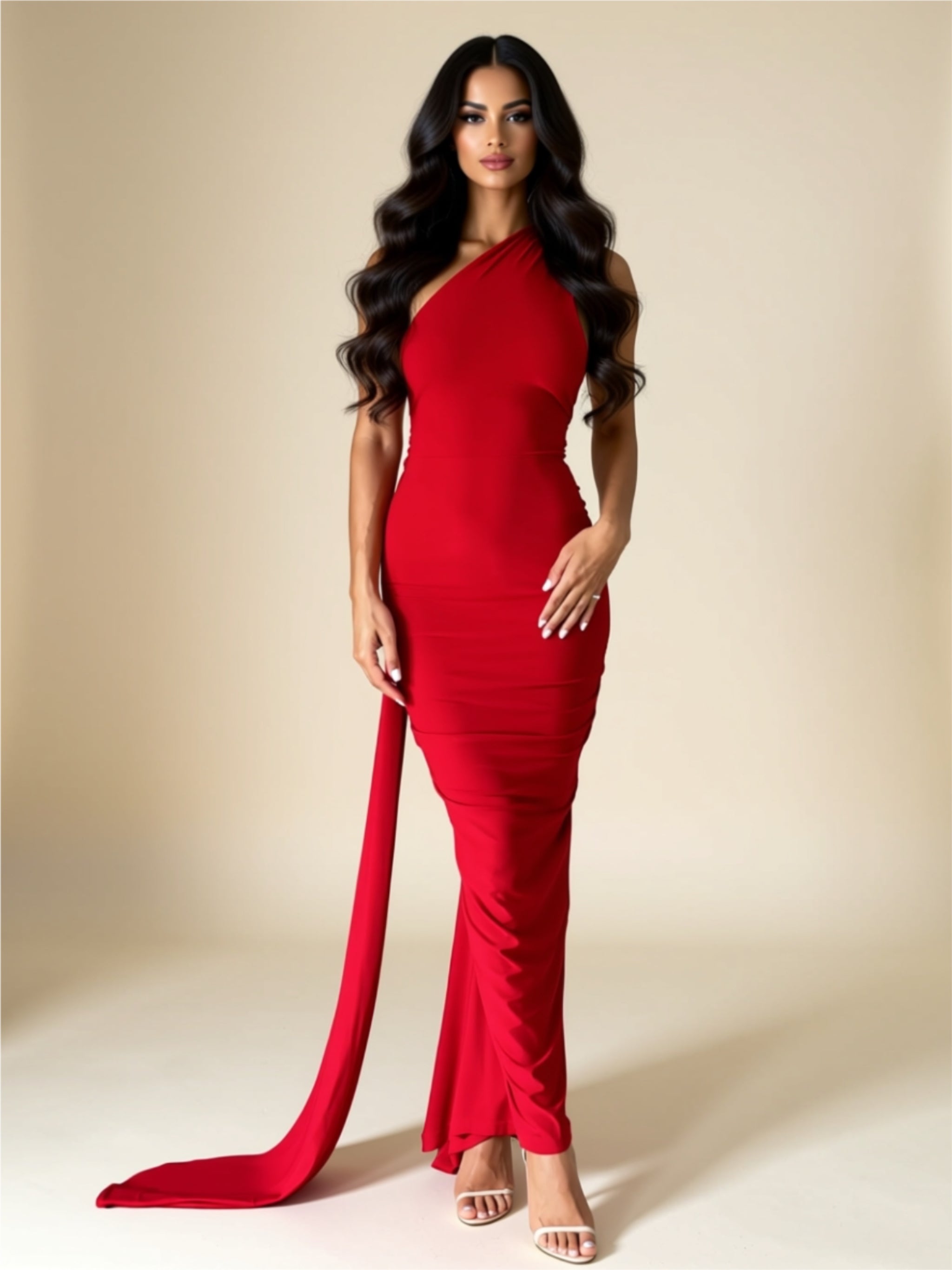 Ruched Bodycon Evening Gown with Train