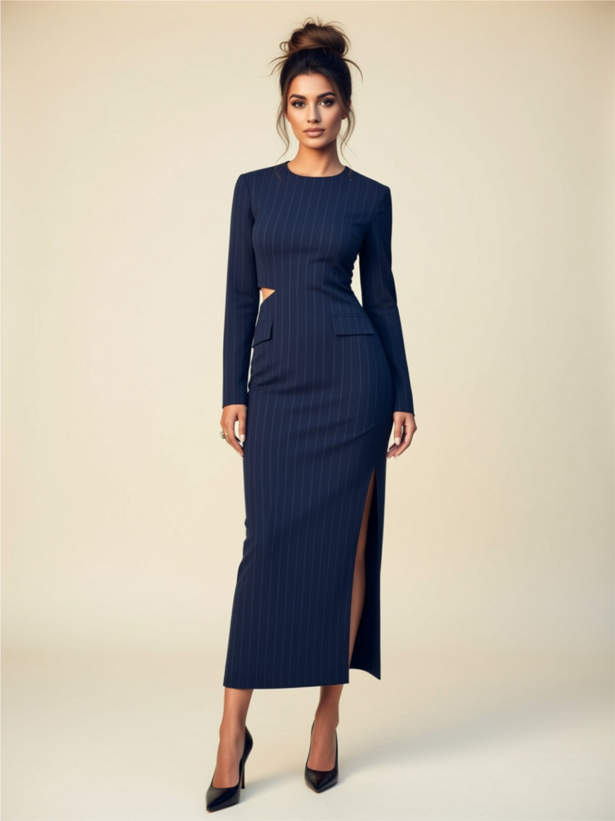 Elegant Striped Long Sleeve Slim Fit Maxi Dress with Side Cutout & Front Slit