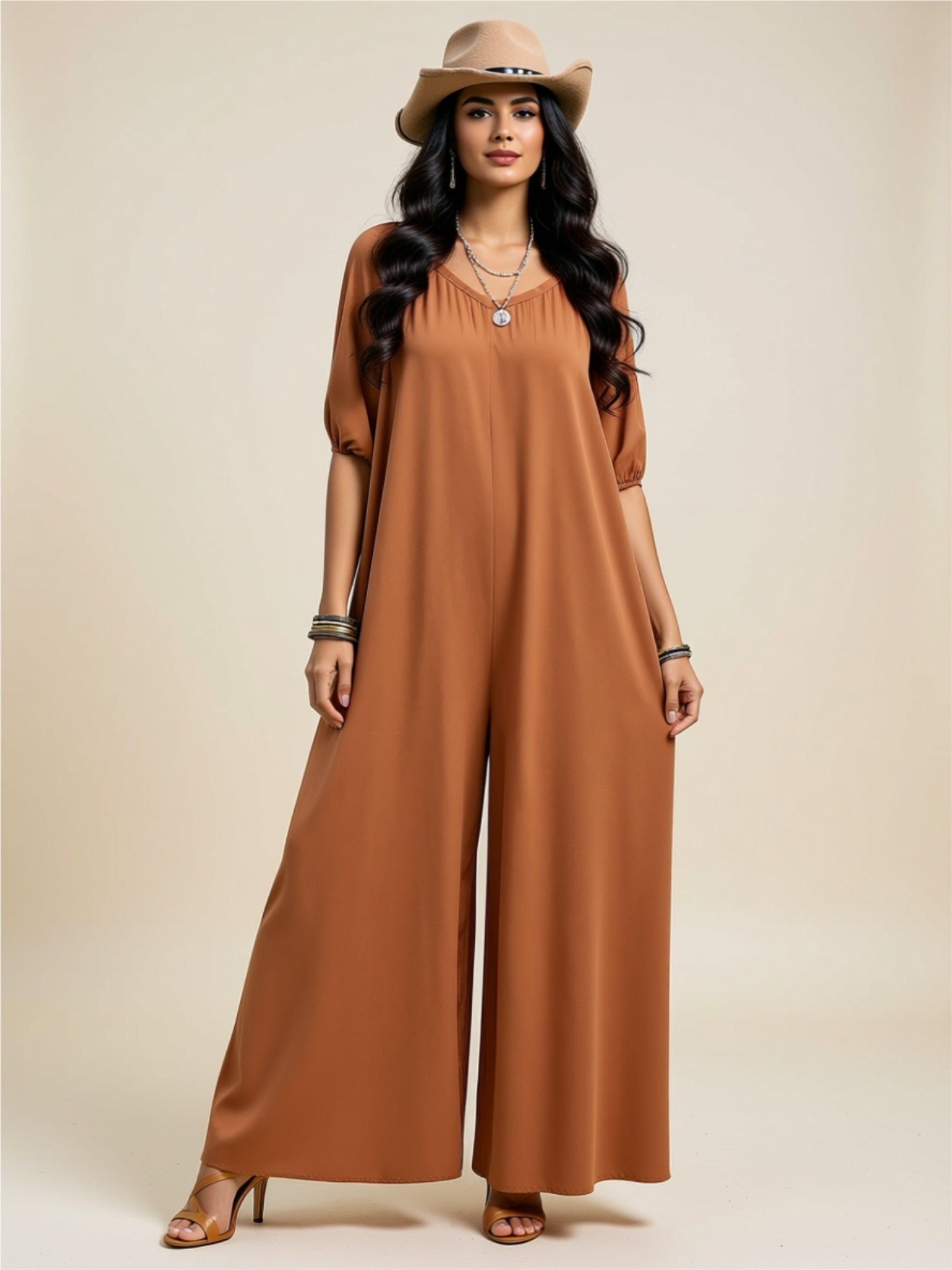 Relaxed Fit V‑Neck One‑Piece with Puff Sleeves