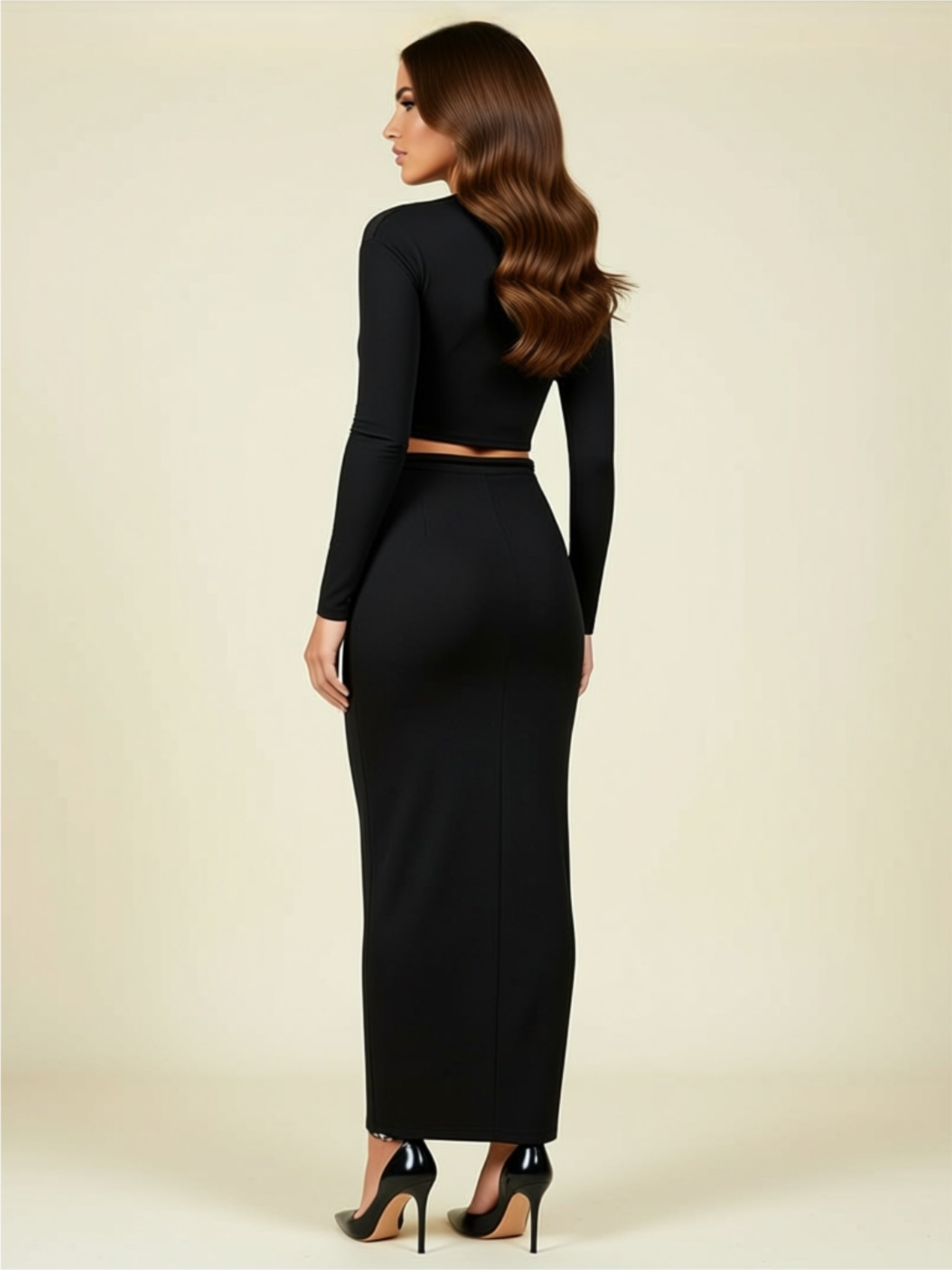 One‑Shoulder Long Sleeve Crop Top & Maxi Skirt Set