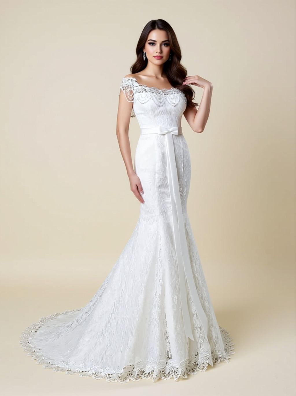 Off‑Shoulder Lace Mermaid Wedding Dress with Scalloped Train & Waist Ribbon