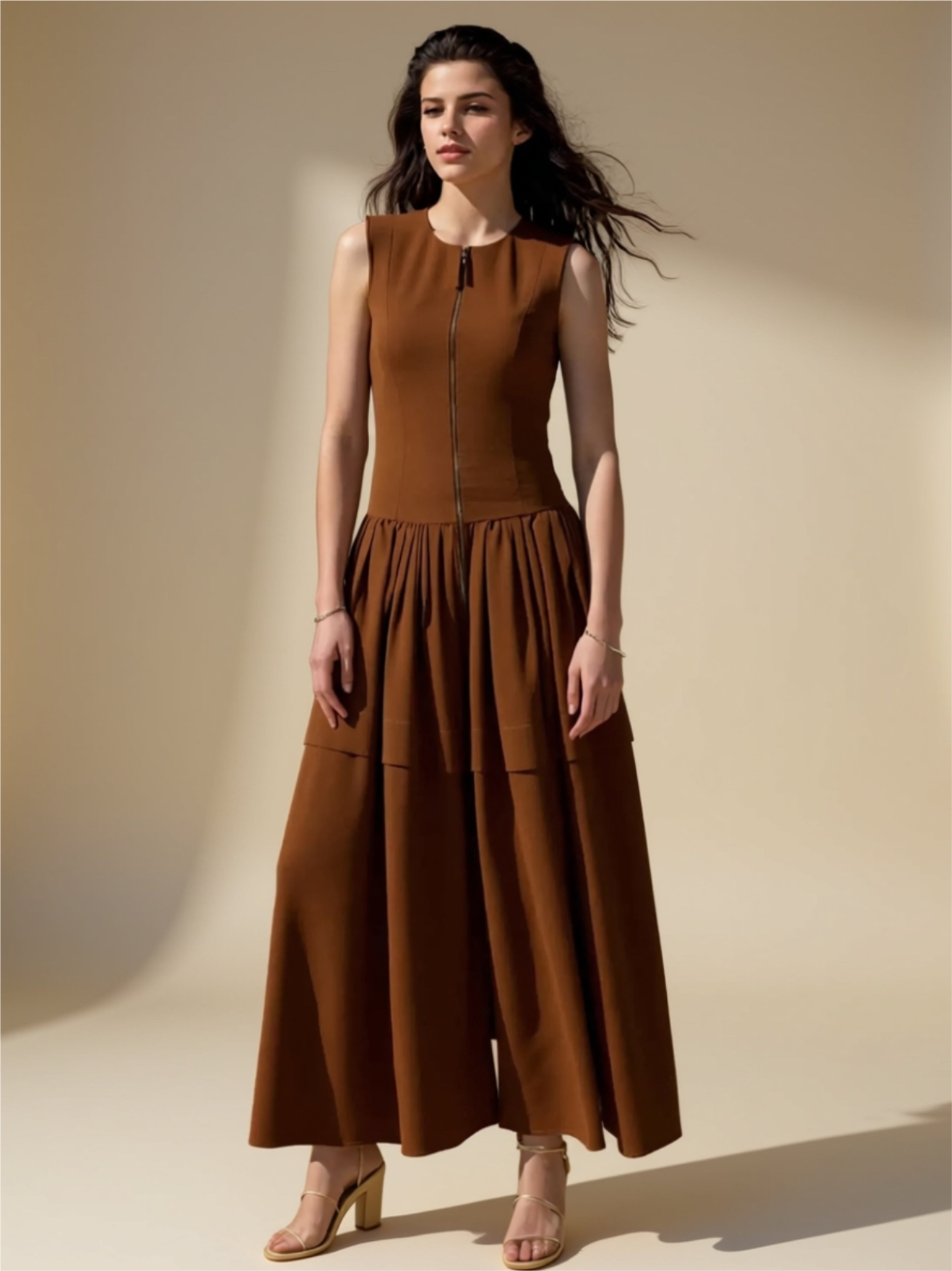 Sleeveless Zipper‑Front Maxi Dress